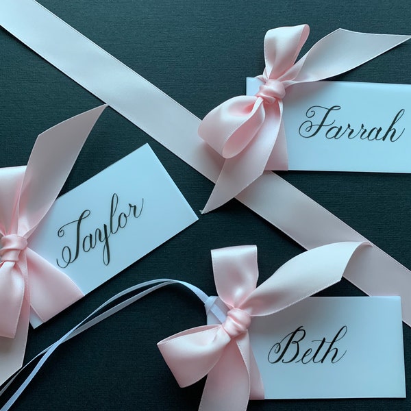 Personalized Placecards, Pink Handwritten Place Cards/ Gift Tags  with Attached Ribbon/ Bow, Custom Calligraphy, Baby Shower Place Cards