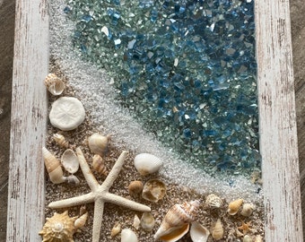 BEACH SCENE with STARFISH crushed glass Framed Art