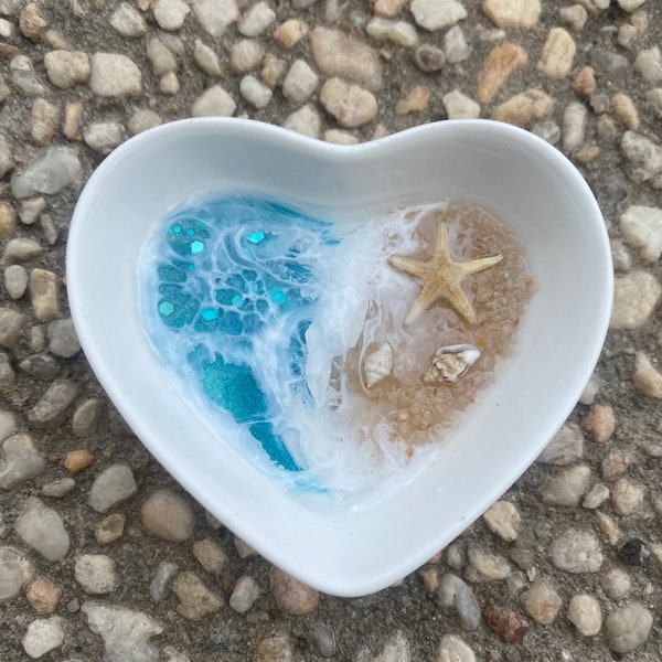 Ceramic  OCEAN Heart Ring/ Trinket Dish  with resin ocean and beach