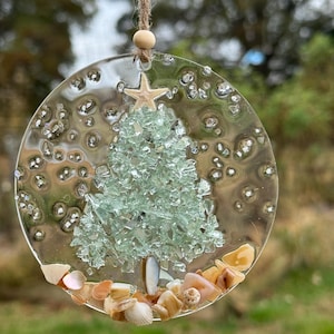 Aqua Christmas Tree Ornament – Iridescent Shell Beach, Handmade Resin Coastal Decor