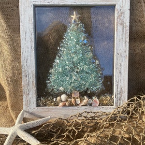 Coastal Christmas tree- Framed Art with Aqua crushed glass in resin, Beachy Christmas, Handmade Resin and Glass Art, Whitewashed Frame Chris