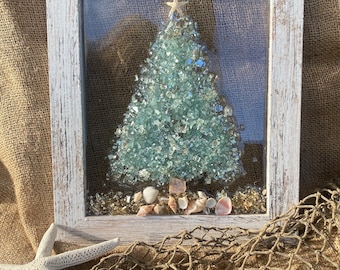 Coastal Christmas tree- Framed Art with crushed glass in resin