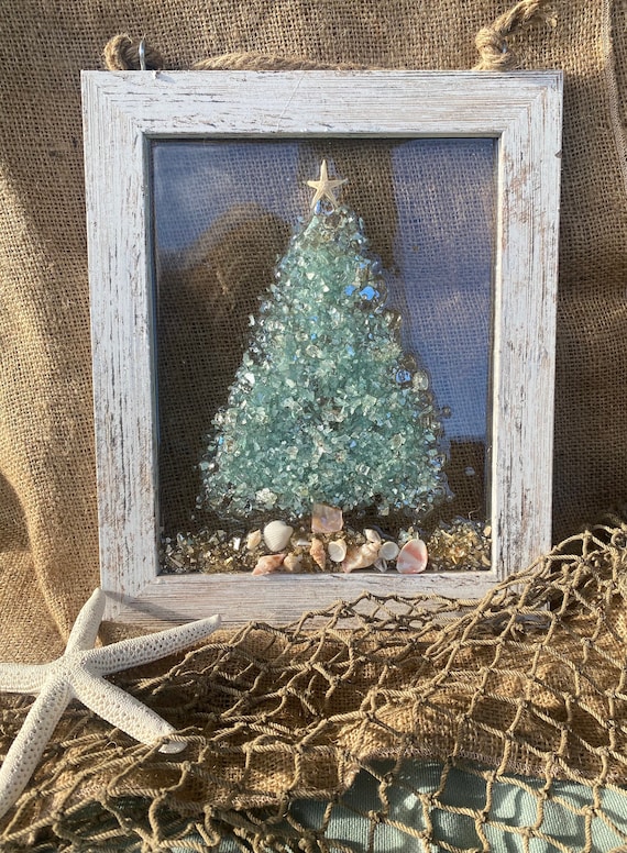 Coastal Christmas Tree Framed Art – Aqua Glass, Beach Decor (4x6)
