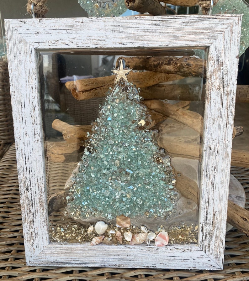 Coastal Christmas tree Framed Art with crushed glass in resin image 2