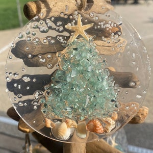 Coastal Christmas Ornament- Aqua  Christmas Tree w/ shells , Beachy Christmas,starfish, Handmade, glass ornament,resin art, Beachy ornament