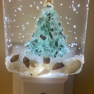 COASTAL CHRISTMAS TREE Aqua Night Light with shells on beach, Beachy Christmas Night Light
