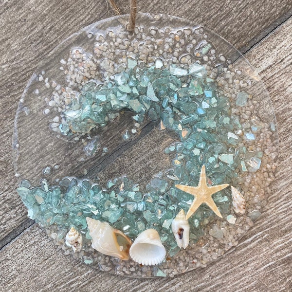 Coastal Suncatcher/ Ornament- Aqua Coastal WAVE with shells