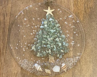 Seashell Christmas Ornament - Aqua Glass Tree, Beach Decor