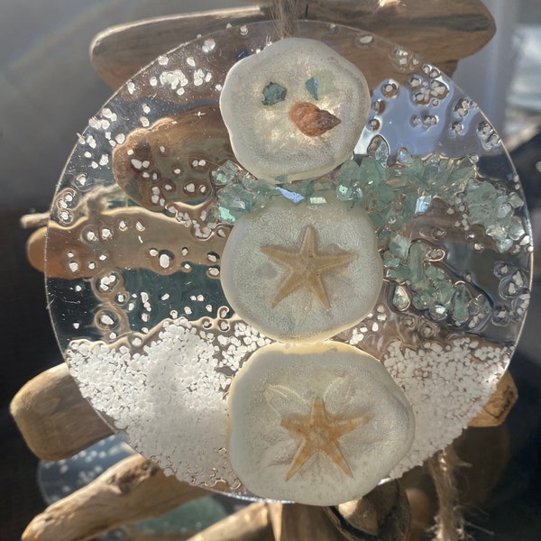 Coastal Christmas Ornament – Sand Dollar Snowman, Crushed Glass Resin Art