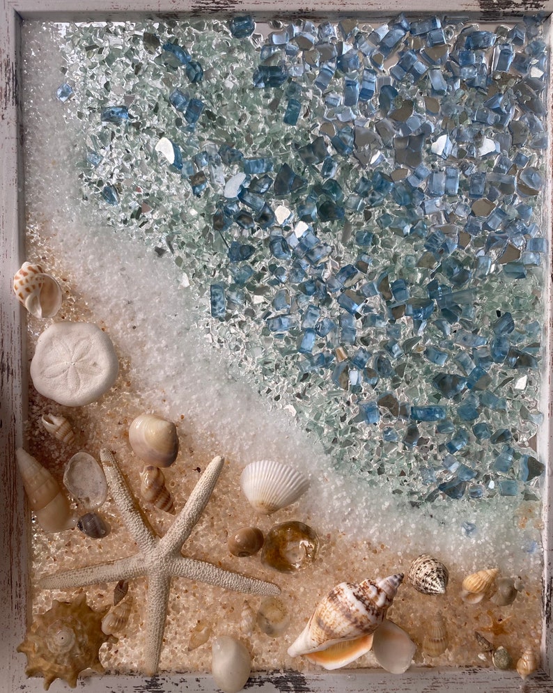 BEACH SCENE W/ STARFISH - 8X10 Framed Art W/crushed Glass in Resin - Etsy