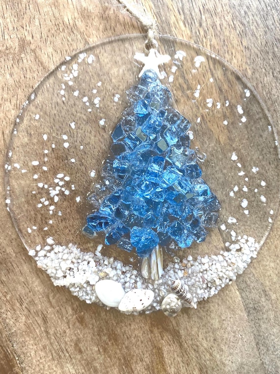 Ocean Blue Christmas Tree Ornament – Coastal Resin Art with Shells