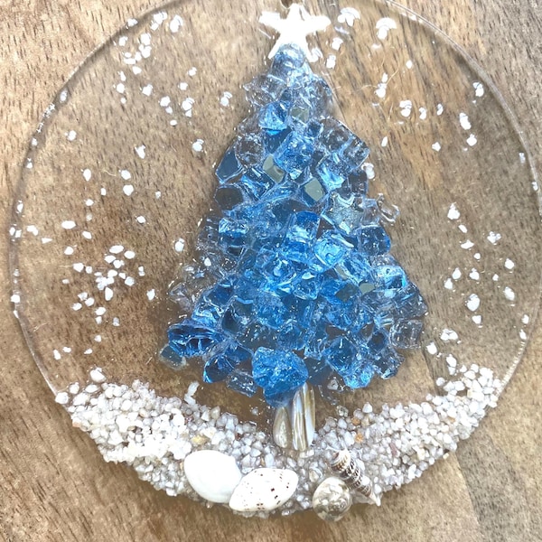 Ocean Blue Christmas Tree Ornament – Coastal Resin Art with Shells