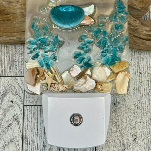 COASTAL Night Light- beachy fish turquoise Glass ,