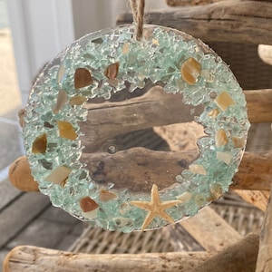 Coastal Christmas Ornament- Aqua Wreath with shells and real starfish, Beachy Christmas, Resin and glass ornament, Handmade art