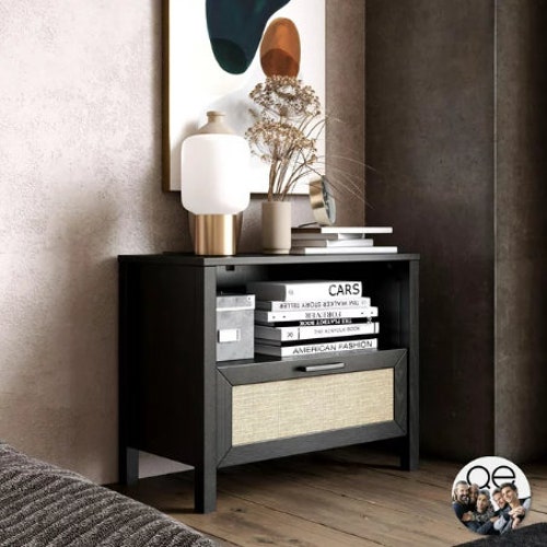 Wimberly 1 Drawer Nightstand Black Oak With Faux Rattan End Table Walnut Nightstand Floating factory Nightstand For Bed Room