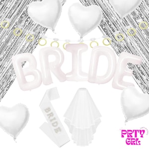 Bride Room Bachelorette Decor Kit | Heart Balloons, BRIDE Letters, Tinsel Backdrop, Ring Garland, Sash & Veil | Bridal Party Decorations