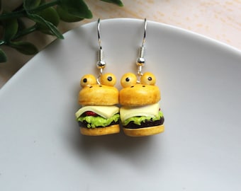 Frog Bun Cheeseburger Polymer Clay Earrings, Food Earrings, Miniature Food, Mini, Frog, Frog Themed, Frog Earrings, Funky Earrings, Handmade