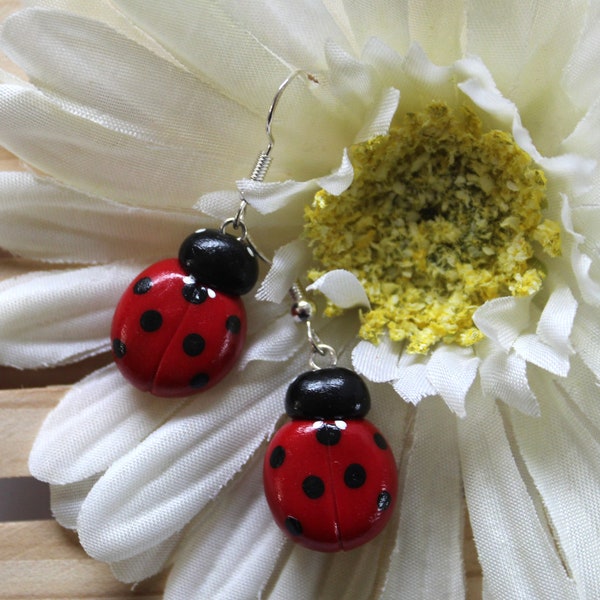 Ladybug Polymer Clay Earrings, Nature Earrings, Nature, Beatle Earrings, Cottagecore, Spring, Spring Jewelry, Fun, Handmade