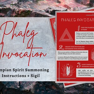 Puede incluir: Guía imprimible roja y blanca con instrucciones sobre cómo invocar al espíritu olímpico Phaleg. La guía incluye un sigilo, un triángulo con un círculo dentro, e instrucciones para encontrar la hora planetaria de Marte, crear una petición y determinar una ofrenda.