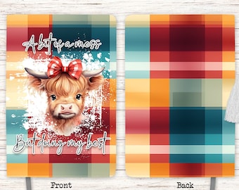 Projekt sublimacji dziennika Highland Cow: zabawny szablon notatnika + zakładka (pobranie cyfrowe)