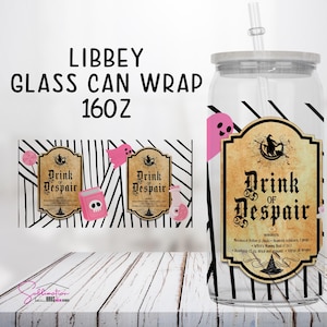 Halloween Glass Can Wrap, 16oz Libbey Tumbler Design, Spooky Season Sublimation, Digital Download PNG - Drink of Despair Pink Halloween