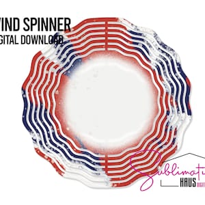 May include: Red, white, and blue wind spinner with a layered design. The spinner has a circular shape with a white center and a wavy, layered edge.