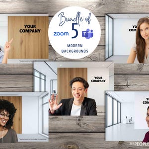Może przedstawiać: Zestaw pięciu nowoczesnych teł Zoom. Każde tło przedstawia osobę z zestawem słuchawkowym w wirtualnym środowisku biurowym. Tekst "YOUR COMPANY" jest wyświetlany na każdym tle. Obraz zawiera logo Zoom i Microsoft Teams.