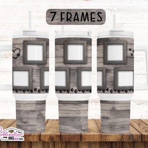 May include: Three white handled tumblers with a wooden background design. Each tumbler features a series of picture frames, paw prints, and the text "7 FRAMES". One tumbler has a heart and paw print design.