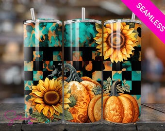 Fall Sunflower Pumpkin Tumbler Wrap: Retro Ghost Checkered Design (Digital Download)