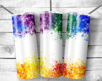 May include: Three stainless steel tumblers with a colorful watercolor splatter design. The tumblers are white with a rainbow splatter design at the top and bottom.