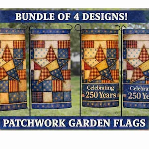Patriotisk trädgårdsflagga, USA 250 år flaggdesign, 4 juli lapptäcksflagga PNG, Americana trädgårdsflagga, självständighetsdagendekor