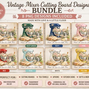 Paquete de diseños PNG de tabla de cortar con batidora vintage, sublimación floral para cocina, diseño con cita sobre repostería, decoración de cocina estilo cottagecore, conjunto de 8 PNG