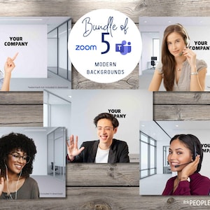 Puede incluir: Un paquete de cinco fondos modernos de Zoom. Cada fondo presenta a una persona con auriculares en un entorno de oficina profesional. El texto "YOUR COMPANY" se muestra en cada fondo. La imagen incluye el texto "Bundle of 5 Zoom Modern Backgrounds".