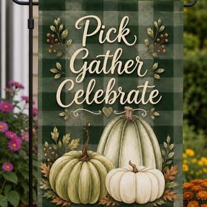 Pick Gather Celebrate PNG | Fall Garden Flag Design | Green Buffalo Check Sublimation | Watercolor Pumpkin Digital Download