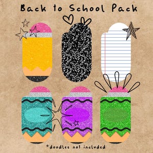 Puede incluir: Gráfico "Back to School Pack" con seis diseños coloridos en forma de lápiz. Los diseños incluyen lápices amarillos, turquesa, morados y verdes con tapas brillantes y detalles de estrellas. Un diseño se asemeja a un cuaderno de composición y otro tiene papel rayado.