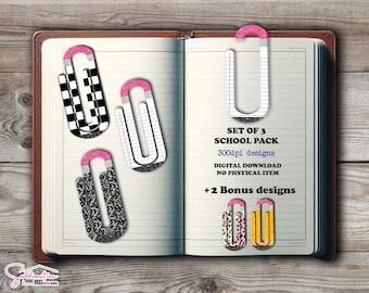 May include: Set of 3 school pack bookmark designs with 2 bonus designs. The designs feature a black and white checkered pattern, a lined notebook page, a black and white patterned design, and two more designs with a pink and yellow pattern. The designs are 300dpi.