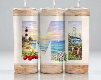 Michigan 20oz Tumbler Wrap PNG | Wzór sublimacji MI State | Latarnia morska Mackinac Bridge Cherry Skinny Pobierz