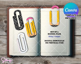Set of 3 Paperclip PNG | Paper School Set, Gift for Teachers, Paperclip png, Paperclip Designs, Pencil, Composite and Ruled Paper