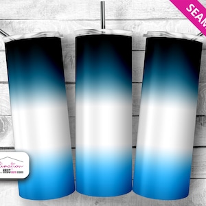 May include: Three stainless steel tumblers with a black, white, and blue ombre design. The tumblers are seamless and have a smooth finish.