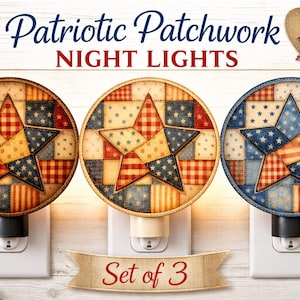 Patriotic Patchwork Night Light PNG Bundle | Americana Quilt Star Designs | Vintage 4th of July Sublimation Design | Set of 3