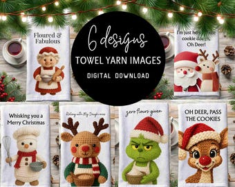 Funny Christmas Kitchen Towel Bundle | Yarn Santa, Grinch, Reindeer, Snowman, Mrs Claus PNG | Holiday Baking Sublimation Set