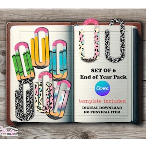 Lot de 6 trombones PNG | Kit scolaire en papier, cadeau pour les enseignants, trombone png, motifs de trombones, crayon, composite, crayons de couleur, impression animalière