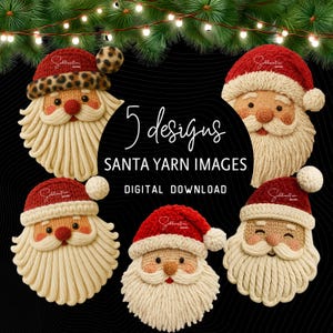Puede incluir: Cinco imágenes de Papá Noel de hilo con gorros rojos y barbas blancas. El texto dice "5 designs SANTA YARN IMAGES DIGITAL DOWNLOAD". Las caras de Papá Noel tienen mejillas rosadas y están rodeadas de ramas de pino verdes.