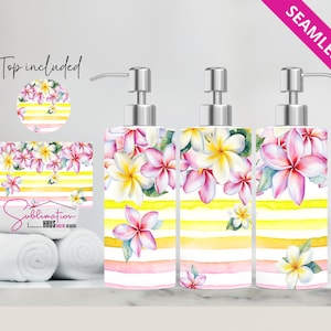 May include: Three white ceramic soap dispensers with a yellow and pink striped design and watercolor plumeria flowers. The dispensers have silver pumps and are on a white surface. "Top included" is written in the top left corner of the image.