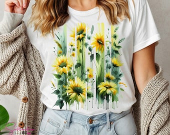 Aquarell Sonnenblume T-Shirt Design: Pinselstrich Clipart (digitaler Download)