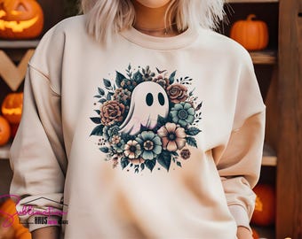Słodkie Halloweenowe Duchy Png | Duchy Z Kwiatami Png | Vintage Duch Png | Uroczy Kwiatowy Dyniowy Duch Bluza | Retro Upiorny Duch Png