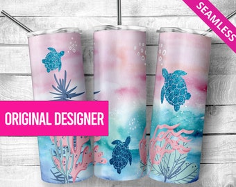 Sea Turtle Tumbler Sublimation Design: Ocean 20oz Skinny Wrap (PNG Digital Download)