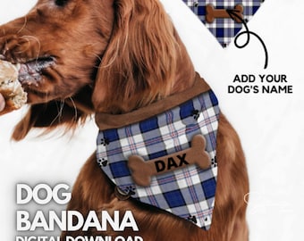 May include: A blue and white plaid dog bandana with a brown bone and paw prints. The bandana has the text "DAX" on it. The bandana is on a brown dog.