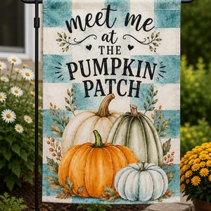 May include: A rectangular garden flag featuring a blue and white buffalo check pattern. The text reads meet me at THE PUMPKIN PATCH. Below the text are four pumpkins in shades of orange, sage green, cream, and light blue, accented with leaves.