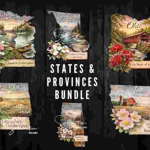 May include: A bundle of state and province art prints, each shaped like its respective region. The prints feature landscape scenes with floral accents and text, including "Minnesota," "Ohio," and "Iowa."